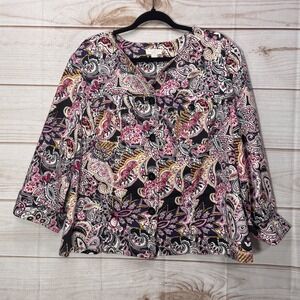 Charter Club Woman 2X Paisley Button Front Jacket Pink Purple Multi Color 3/4 Sl